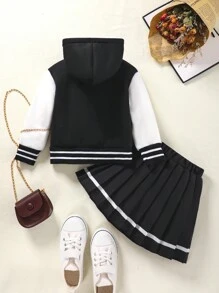 SHEIN 年轻女孩学院风字母印花保暖连帽夹克和百褶裙两件套黑色女婴套装 - 黑色 - 查看 2