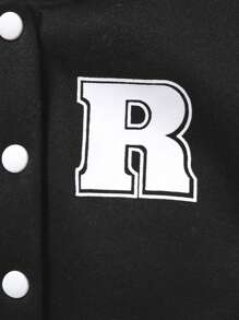 SHEIN 年轻女孩学院风字母印花保暖连帽夹克和百褶裙两件套黑色女婴套装 - 黑色 - 查看 5