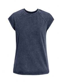 SHEIN BASICS Áo thun cổ tròn dệt kim màu trơn đơn giản thoải mái cho nữ - Màu xanh lam - Xem 6