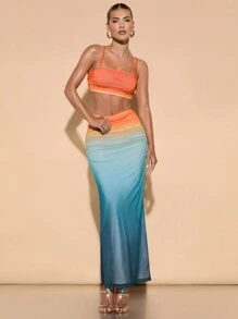 SHEIN BAE 女式渐变色细肩带短款上衣和渐变色高腰荷叶边下摆铅笔裙两件套，夏季海滩/休闲装