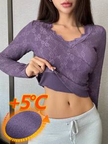 DAZY Lace Trim Fitted Sleepwear Top, Thermal Lined Fall,Winter Pajama