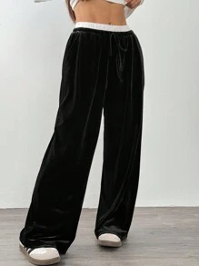 SHEIN EZwear 女士 Air Layer 休闲贴布细节阔腿七分裤 - 黑色 - 查看 1