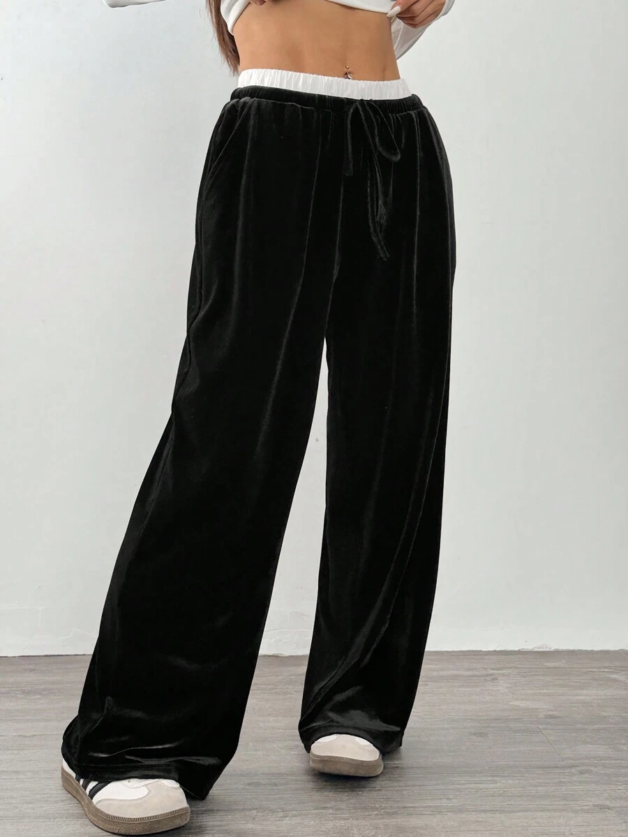 SHEIN EZwear 女士 Air Layer 休闲贴布细节阔腿七分裤 - 黑色 - 查看 1