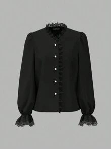 Vintamour 复古优雅女式衬衫，蕾丝拼接，V 领，长喇叭袖，荷叶边下摆和精致的珍珠纽扣，非常适合工作返校服装秋装女式衬衫秋季上衣秋季服装教师服装冬季女士复古服装白色长袖衬衫纽扣衬衫长袖上衣长袖衬衫 - 黑色 - 查看 3