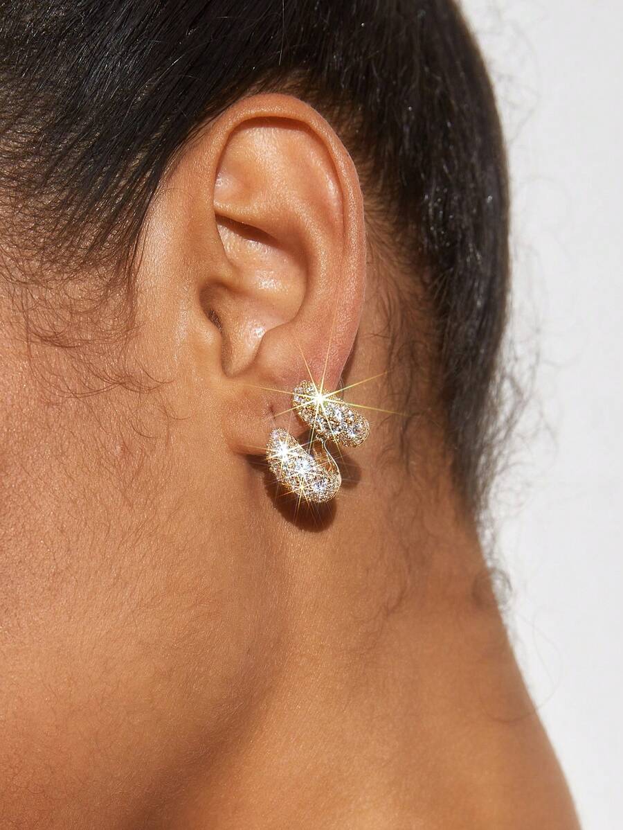 SHEIN BAE 1pair Fashion Luxury Rhinestone Double Row Statement Earrings - Gold - View 1
