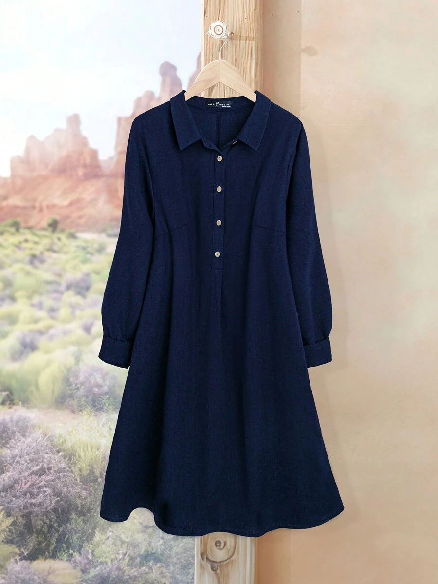 EMERY ROSE Plus Size Fall Clothes Curve Thanksgiving Women Outfit Solid Color Casual Shirtdress, Spring Autumn - Navy Blue - View 1