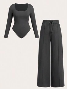 Franclia 2pcs Plus Size Gray U-Neck Bodysuit With Wide Leg Pants, Casual Outdoor Fashion Minimalist Style, Knitted Fabric Fall Cloth For Women - Grey - View 1