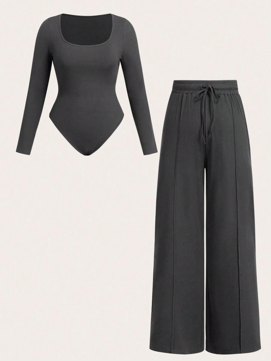 Franclia 2pcs Plus Size Gray U-Neck Bodysuit With Wide Leg Pants, Casual Outdoor Fashion Minimalist Style, Knitted Fabric Fall Cloth For Women - Grey - View 1