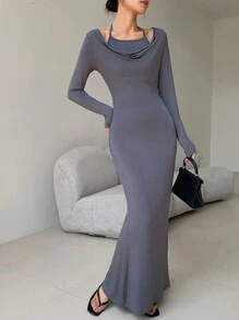 EastFlair 韩国时尚女式性感垂坠领灰色鱼尾连衣裙 - 灰色 - 查看 4