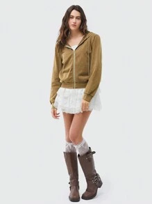 SHEIN EZwear Washed Zip Front Drawstring Thermal Hoodie - Khaki - View 3
