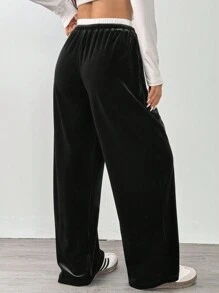 SHEIN EZwear 女士 Air Layer 休闲贴布细节阔腿七分裤 - 黑色 - 查看 2