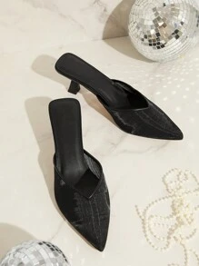 SHUZIA Women Everday Casual Sexy Black Mesh Kitten Heeled Mule Sandals
