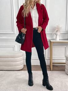 SHEIN LUNE 女士休闲安克拉红色羊毛大衣，秋冬款 - 紅色 - 查看 4