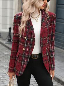 SHEIN LUNE 新年服装女式西装外套，时尚双排扣格子厚西装外套