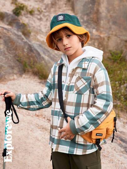SHEIN Tween 男童休闲格子长袖衬衫夹克，百搭轻便宽松户外服装，适合初春至冬季