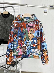 Manfinity Unisex 男士宽松图案印花落肩休闲连帽衫，适合秋冬季 - 彩色 - 查看 2