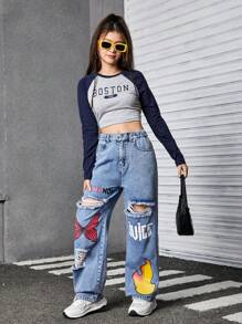 SHEIN Explorewe Teen Girl Ripped Graphic Print Straight Loose Fit Denim Jeans - Light Wash - View 3