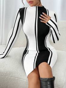 SHEIN Clasi Váy len cổ bẻ họa tiết sọc cho nữ công sở thường ngày, trang phục công sở, váy dự tiệc cưới mùa thu, - Đen và trắng - Xem 3