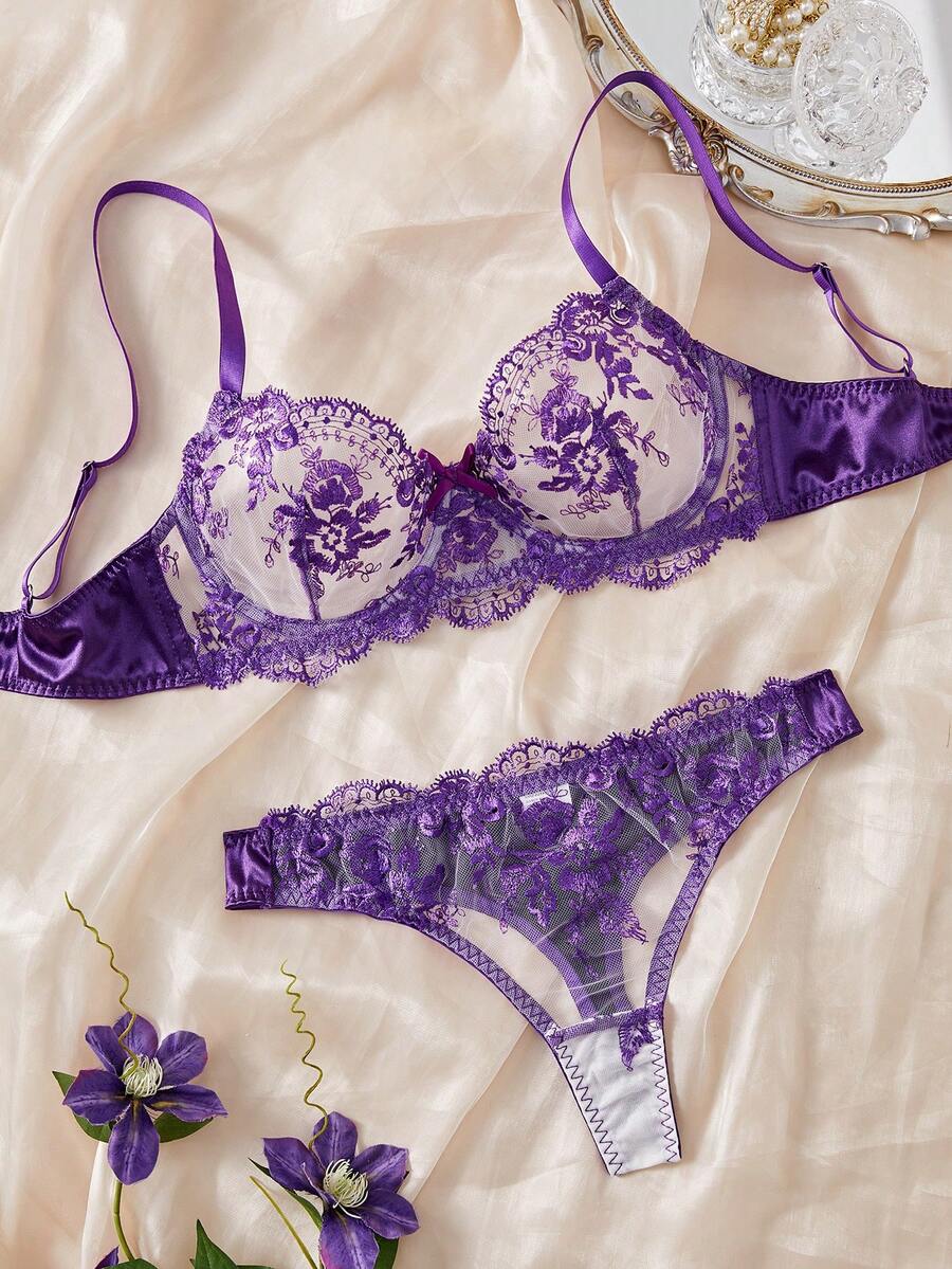 2 件套女士性感紫色内衣套装 - 紫色 - 查看 1