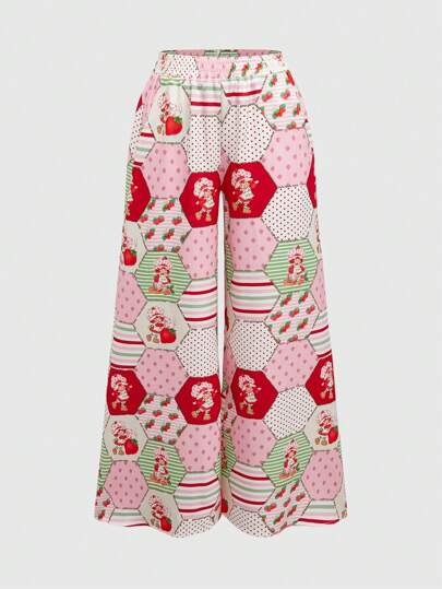 Damen Lässig Hose mit Cartoon Charakter Patchwork Muster, elastischer Bund, weites Bein