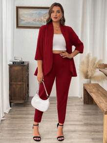 SHEIN LUNE Plus Size Solid Color High Low Blazer Jacket And Trousers Suit In Fall/Winter - Burgundy - View 6