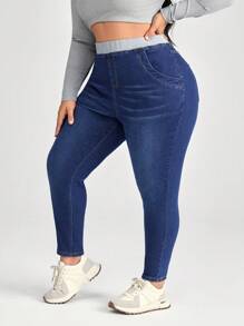 SHEIN CURVE+ Blue Plus Size Jeans Skinny Stretch Trousers Lined For Added Warmth Thermal Denim - Dark Wash - View 4