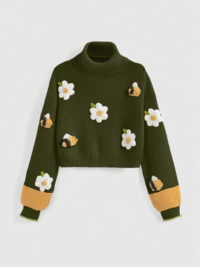 Fairycore Suéter holgado con decoración floral, cuello alto y manga larga para mujer, otoño/invierno