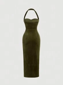 SHEIN MOD Vestido de terciopelo verde esmeralda de talla grande con escote halter, abertura alta y decoración de rhinestones - Verde - Ver 2