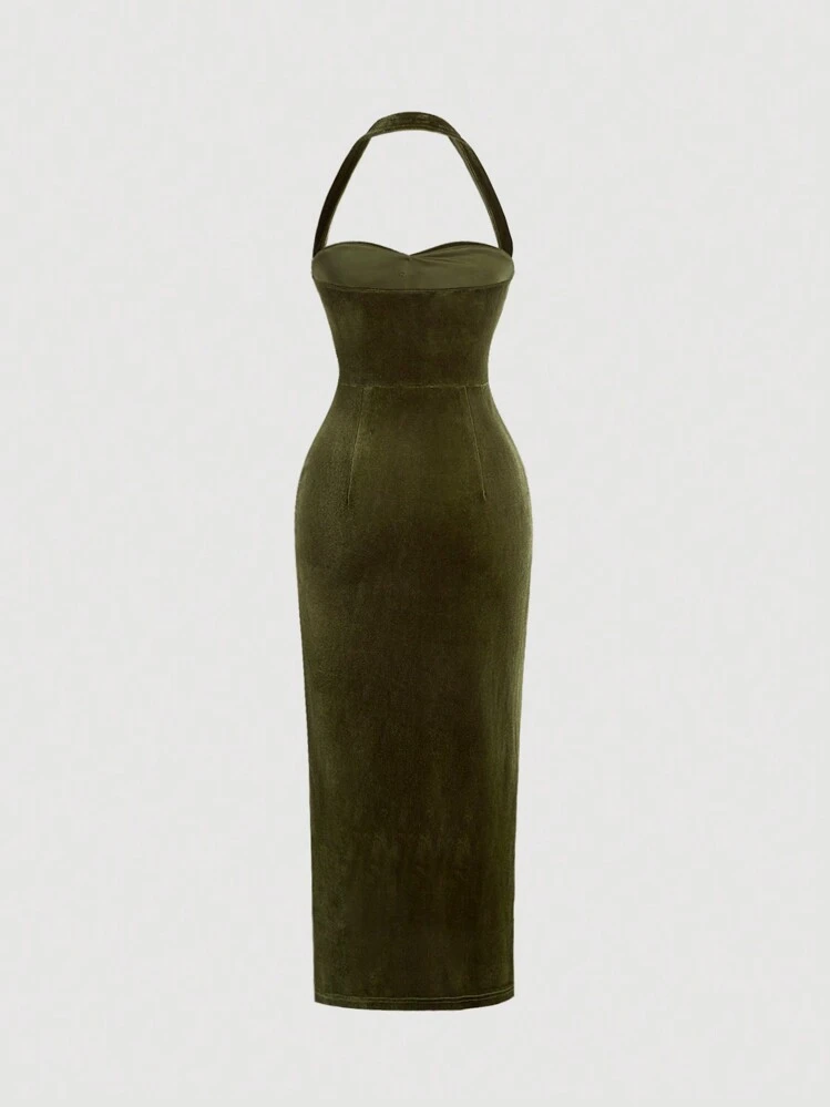 green velvet pencil dress Long Velvet Strapless Prom Dress with Gloves -PromGirl main image 0