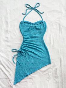 Soleia Váy vải có dây rút buộc eo gợi cảm, viền bất đối xứng, đi nghỉ mát - trắng - Xem 2