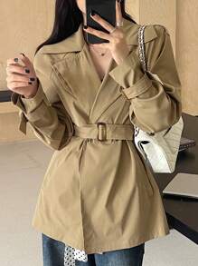 DAZY Solid Color Women Belted Long Sleeve Casual Trench Coat,Fall Clothes Women Jacket - Khaki - View 7