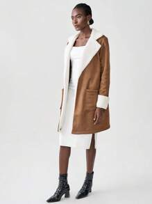 Chiquease 女士长袖口袋蓬松拼接简约休闲常规夹克 - 棕色 - 查看 4