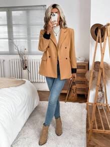 SHEIN LUNE 女式休闲拼色拼接基本款秋冬西装外套 - 棕色 - 查看 6