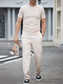 Manfinity Homme 2pcs Men's Solid Color Crew Neck Short Sleeve T-Shirt And Drawstring Waist Casual Shorts Set, Summer - Khaki - View 4