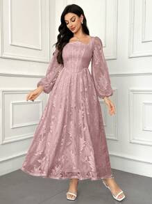 Modelyn Women's Elegant Floral Mesh Lantern Sleeve Modest Long Sleeve Dress - Pink - View 4