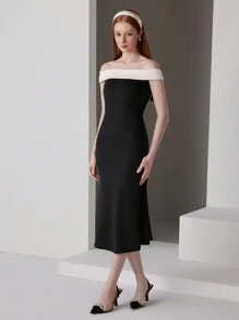 Poshira Women's Colorblock Simple Off-Shoulder Cocktail Party Dress
