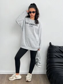 SHEIN 2 件青少年女孩纯色字母印花圆领运动衫和紧身裤休闲套装 - 淺灰色 - 查看 5