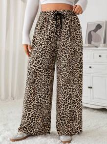 SHEIN EZwear 大码女式豹纹系带腰口袋宽腿宽松裤 - 彩色 - 查看 6