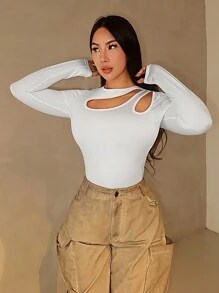 Zolique Body ajustado y sexy de manga larga con diseño de cuello asimétrico para mujeres
