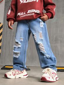 SHEIN Explorewe Young Boy Simple Distressed Washed Straight Leg Jeans - Medium Wash - View 3