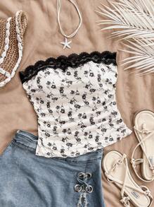 SHEIN Girlism Teenager Mädchen Sommer Urlaub Lässig Aprikose & Schwarz Blume Muster Spitze Plissee Schleife Ärmelloses Top