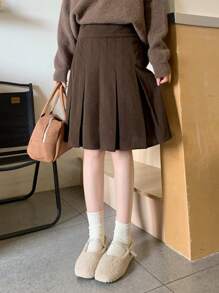 FRIFUL 女式纯色短款褶皱 A 字迷你裙，返校服装 - 咖啡棕 - 查看 5