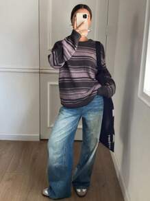 DAZY Suéter casual, suelto, de cuello redondo, de manga larga y con bloques de color a rayas para mujer, Tops de manga larga