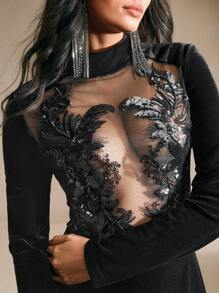 Anewsta Vestido largo de mujer con manga larga, cuello alto de malla transparente en contraste, con aplicaciones, vestido elegante de talla maxi