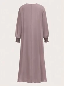 Al Najma 1 件女式休闲纯色长袖长袍，休闲朴素长袍，适合日常休闲/旅行/度假/休假 - 卡其色 - 查看 2