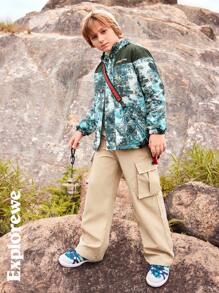SHEIN Tween Boy 户外探险字母和风景印花保暖内衬连帽夹克，适合日常徒步旅行 - 彩色 - 查看 2