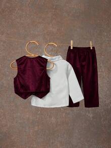 SHEIN 3pcs Baby Boy Burgundy Gentleman Vest, Long Sleeve Shirt And Pants Set - Burgundy - View 2