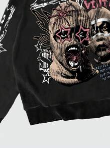 ROMWE MEN Street Life Men's Retro Slogan & Portrait Print Hoodie, Street Style - Black - View 3