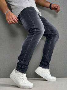 Manfinity Homme Men's Straight Loose Casual Versatile Denim Jeans With Pockets - Grey - View 5