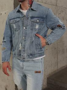 Manfinity Homme Plus Size Men's Spring/Autumn Basic Letter Print Distressed Long Sleeve Casual Denim Jacket, For Husband, Work - Light Wash - View 7